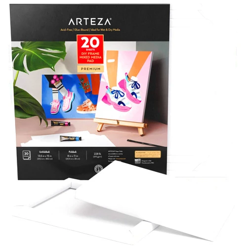 ARTEZA Mixed Media Paper Foldable Canvas Pad, 8x11 Inches, 20 Sheets, DIY Frame, Heavyweight Multimedia Paper, 228 lb, 370 GSM, Acid-Free, Art Supplies for Painting & Mixed Media Art