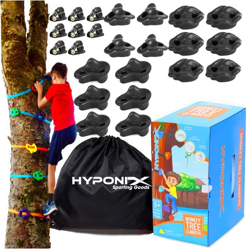 Hyponix Sporting Ninja Tree Climbing Kit – 16 Large Climbing Holds & 8 Ratchets, Quick 10-Minute Setup, Textured Grip, Safe for Kids 5-12, Black Design, Supports Up to 250lbs, Portable Carrying Bag, Outdoor Fun
