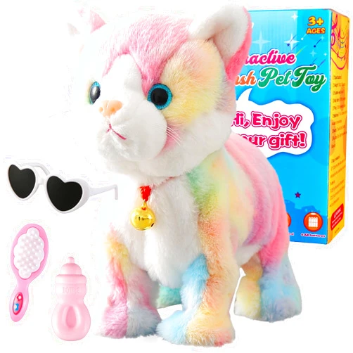 Marsjoy Colorful Robot Cat Plush Cat Stuffed Animal Interactive Cat Meow Kitten Touch Control, Electronic Cat Pet, Robotic Cat Cat Kitty Toy, Animated Toy Cats for Girls Baby Kids L:12