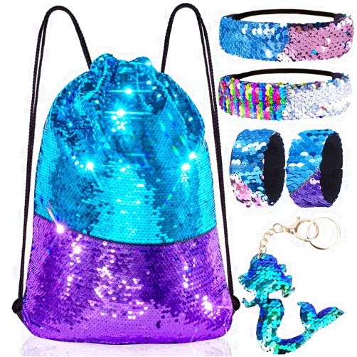 GA&EN Mermaid Reversible Sequin Drawstring Backpack Christmas Gift Party Bag Headband Keychain Bracelet for Kids Girls Birthday