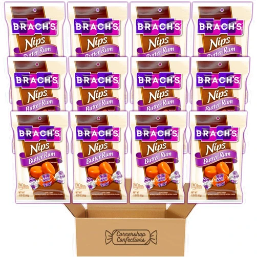 Cornershop Confections Brach's Caramels Butter Rum Flavor 12 Bag Bulk Pack - Formerly Nips - Individually Wrapped Classic Hard Candies Butter Rum Flavor - Lunch Box, Desk, Road Trip in Cornershop Pack - Packaging May Vary