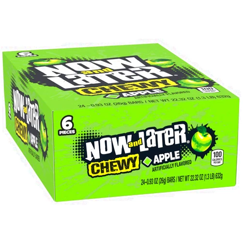 Now and Later Now & Later Soft Taffy Chews Candy, Apple, 0.93 Ounce Bar, Pack of 24