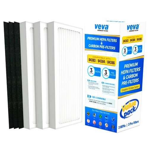 VEVA Complete Premium 3 HEPA Style Filters and 3 Full-Size Activated Carbon Pre-filters Replacement Filter Pack Compatible with Hamilton Beach Air Purifier 04386A, 04383, 04385, 04384, 990051000
