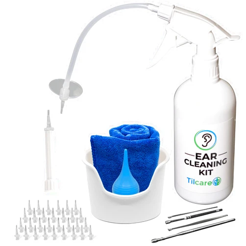 Tilcare Ear Wax Removal Tool by Tilcare - Ear Irrigation Flushing System for Adults & Kids - Perfect Ear Cleaning Kit - Includes Basin, Syringe, Curette Kit, Towel and 30 Disposable Tips
