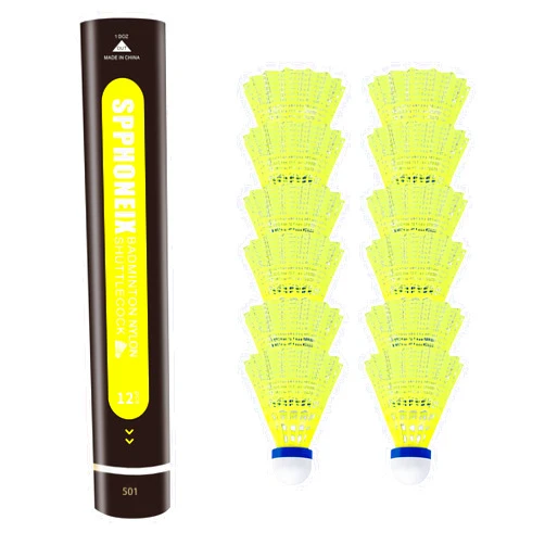SPPHONEIX 12-Pack Nylon Yellow Badminton Shuttlecocks with High Durability High Speed Badminton Birdies Balls Model 501