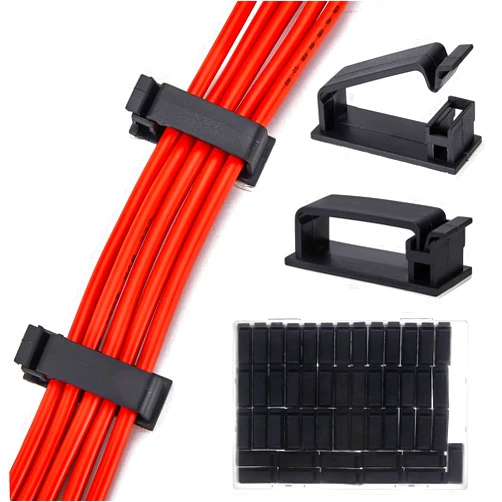 MOOCY 50Pcs Self Adhesive Cable Management Clips,Cable Organizers Wire Clips Cord Holder for PC Laptop Ethernet Cable Desktop Home Office(1.52’’ x 0.59’’ x 0.57’’, Black)