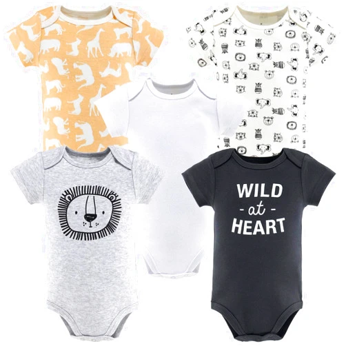 The Peanutshell Short Sleeve Baby Bodysuits Set for Boys or Girls - Safari Animals - 5 Pack Set