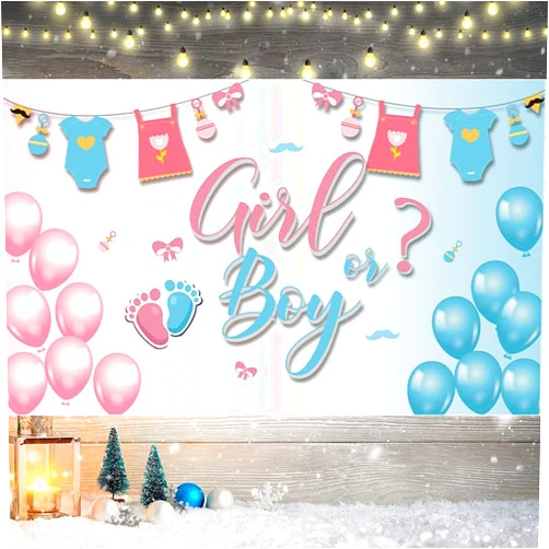 NKIPORU Gender Reveal Backdrop Girl or Boy Photography Background Baby Shower Banner Photobooth Props Pink Blue 70.8 x 43.3 Inch
