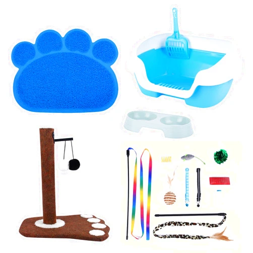 SIVEIS Cat Kitten Starter Kit,New Kitten Litter Box Starter Kit for Indoor Cat,Include Kitten Litter Tray Box High with Cat Litter Scoop/Double Bowls/Tall Cat Scratching Post/Kitten Toy/Cat Collar