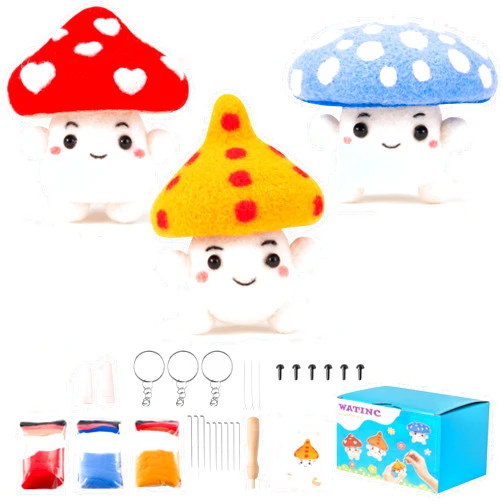 WATINC Mushroom Wool Needle Felting Kit - Set of 3 Red Blue Yellow Mushroom Doll Wool Felt Needle Felting Tools Foam Pad, DIY Home Decoration Needle Felting Craft Party Supplies for Beginners