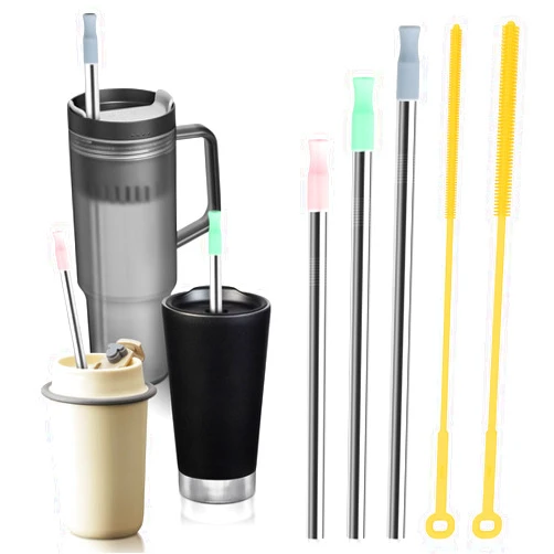 WQSS AOEIU Reusable Silicone Straw Brush Set,Straw Cleaner,Pipe Cleaners,Extra Long Straw Cleaner Brush for Cleaning,3 Metal Straws,3 Silicone Tips,2 Straw Brushes
