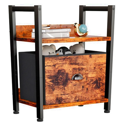 Furologee 2 Tier Small Bookshelf, Short Bookcase with Drawer, Desktop Organizer Shelf, Wood and Metal Narrow Book Shelf, Freestanding Storage Rack for Bedroom, Living Room, Dorm, Kitchen, Rustic Brown