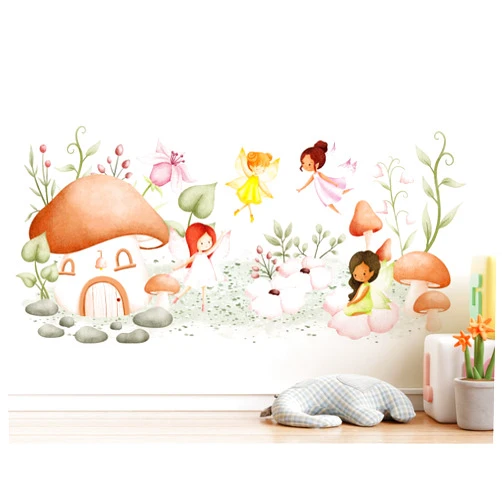 Buiory Woodland Mushroom Wall Decals Mushroom House Garden Wall Stickers Peel and Stick Fairy Floral Plants Wall Art for Girls Bedroom Baby Nursery Living Room Sofa TV Background Decor