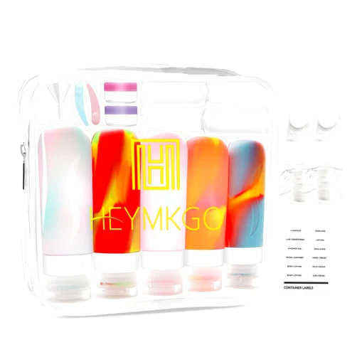 HEYMKGO 24 Pack Travel Bottles Set for Toiletries with Bag Label Tsa Approved 3oz Silicone Travel Containers Leak Proof Shampoo and Conditioner Bottles Jars Kit