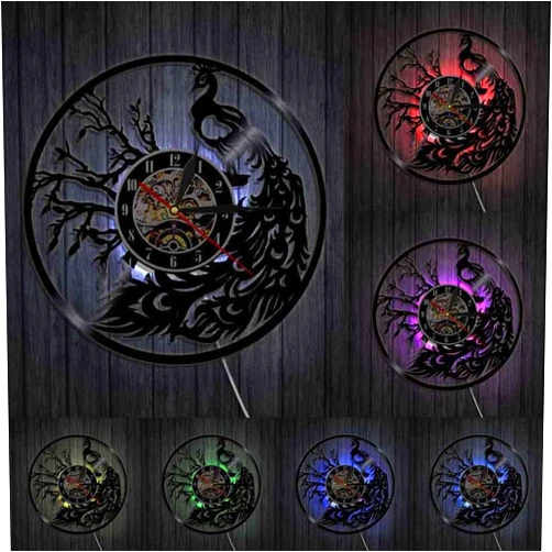 Generic Proud Bird Peacock with Feather Out Wall Art Modern Wall Clock Whimsical Vinyl Record Wall Clock Retro Decorative Wall Watch with LED