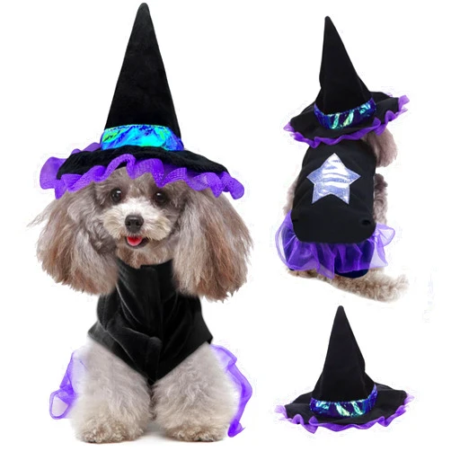 Lanpod Halloween Dog Costumes Witch Outfits: Dogs Cat Witch Dress Costumes with Magic Hat - Pet Halloween Cosplay Hoodie Funny Outfits Clothes for Small Medium Puppy Dogs (Medium)