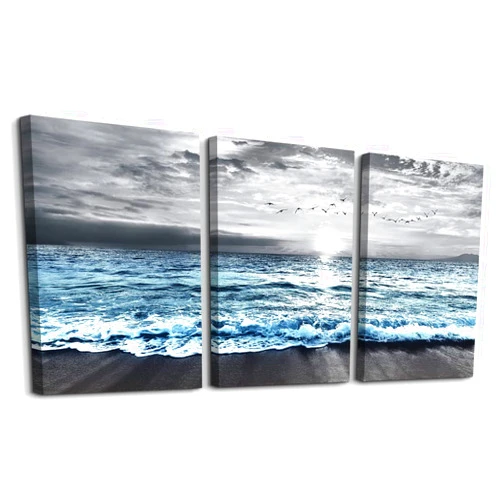 DZRWUBHS Wall Decorations For Living Room 3 Piece Framed Canvas Wall Art For Bedroom Office Wall Decor Black And White Beach Wall Painting Blue Ocean Wave Pictures Artwork Modern Posters Home Decor