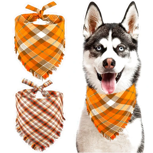 Kytely Fall Dog Bandana 2 Pack, Autumn Thanksgiving Dog Bandana Large, Orange Plaid Pet Scarf for Boy and Girl, Holiday Bandanas Triangle Bibs for Medium and Large Dogs (Large)