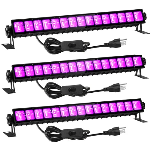 ISUERFY 3 Pack IP66 Waterproof 36W LED Black Light Bar, Blacklight Flood Light with Plug & Switch & 5ft Power Cord, Each Light Up 21x21ft Area, for Glow Fluorescent Party Bedroom Game Room Body Paint Stage