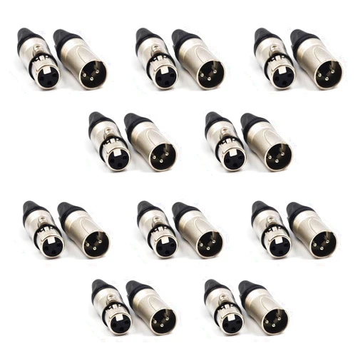 Zhupoub (20 Pack) 3-Pin XLR Cable Connector 10 Male & 10 Female Solder Type Mic Audio Socket Microphone Line Plug Connector, Black Housing Silver Contacts
