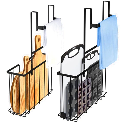 ORLESS 2-Pack Kitchen Cabinet Door Organizer, Over Cabinet Door Organizer with Towel Bars, Cabinet Door Storage for Cutting Board, Foil, Plastic Wrap, Baking Sheet, Cookie Sheet, Black