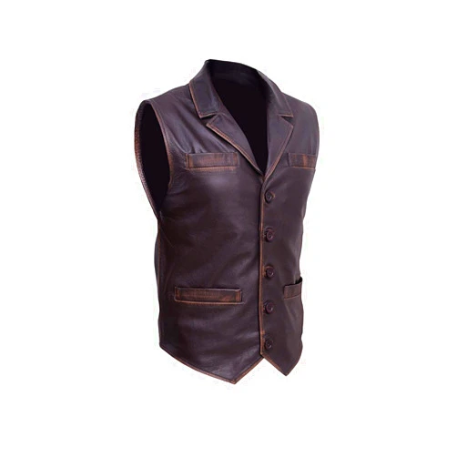 Trendhoop Men's Brown Cowhide Leather Distressed Vest