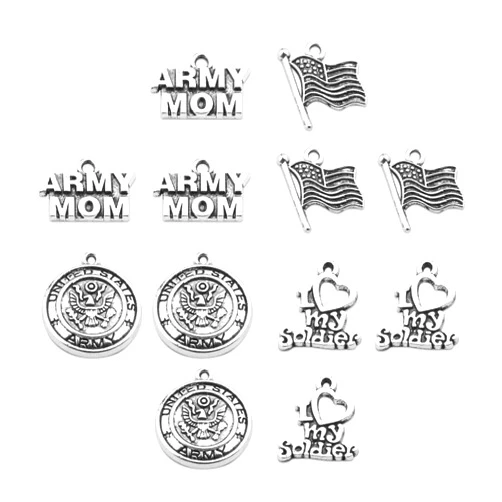 BOSATE 12pcs Army Mom Charms Collection - Master Mom/I Love My Soldier/American Flag Charms for DIY Projects