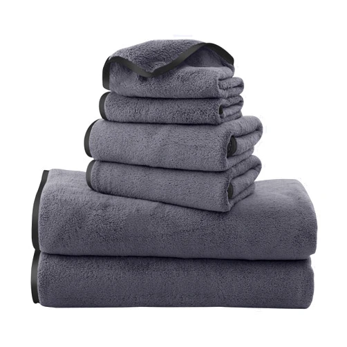 TENSTARS Luxury Silk Hemming Towel Set - Light Thin Quick Drying - 2 Bath Towels 2 Hand Towels 2 Washcloths - Ultra Soft Microfiber, for Bath Fitness, Sports, Yoga, Travel (Dark Grey 6 Pieces)