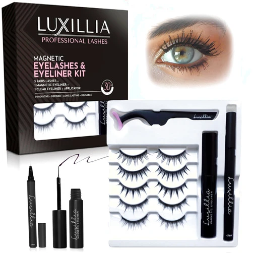Luxillia 8-Piece Clear & Black Magnetic Eyelashes with Applicator & Magnetic Eyeliner Kit – Reusable Natural Magnetic Lashes – Easy Apply Lash Kit for Beginners – Waterproof Dramatic Looks