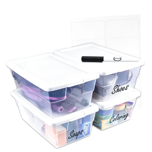 Peaknip 6 Quart Stackable Lightweight Plastic Storage Bins with Lids for Organization, 4 Pack - Made in USA - Container Organizer for Home and Office Includes Labels and Marker
