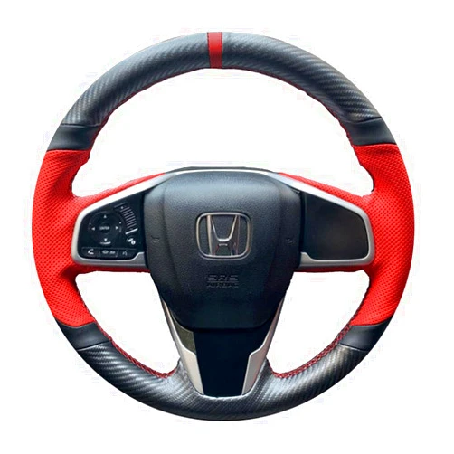 Ipobootech Black Matte Carbon Fiber Red Perforated Leather Auto Steering Wheel Cover Hand-Stitch on Protector Wrap for Honda Civic 2016-2021/CR-V 17-21/Clarity 16-18/Breeze 20-21/Crider/Envix 19-20