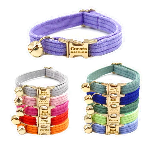 YUNMARY Personalized Cat Collar with Pet Name Phone Number Engraved Metal Buckle, Customized Adjustable Velvet Collars with Bell for Kittens