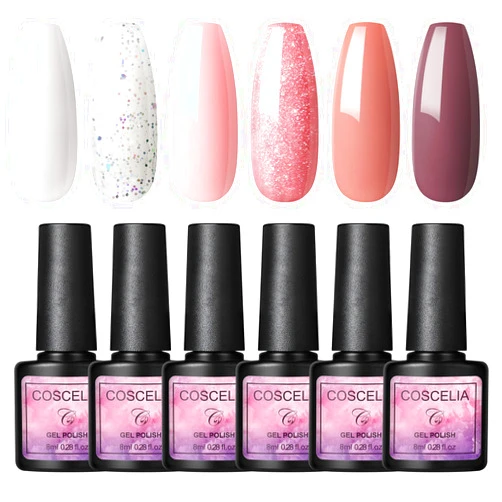 COSCELIA Gel Nail Polish Set 6PCS 8ML White Nude Glitter Gel Nail Kit U V/LED Lamp Needed All Season Color Collection Gifts for Women DIY Nail Art at Home and Salon