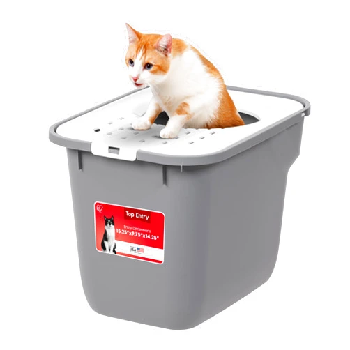 IRIS USA Cat Litter Box Large Top Entry with Lid, Enclosed Litter Box with Litter Catching Lid & Scoop, Covered Cat Litter Box Enclosure for Privacy, High Sided, Gray/White