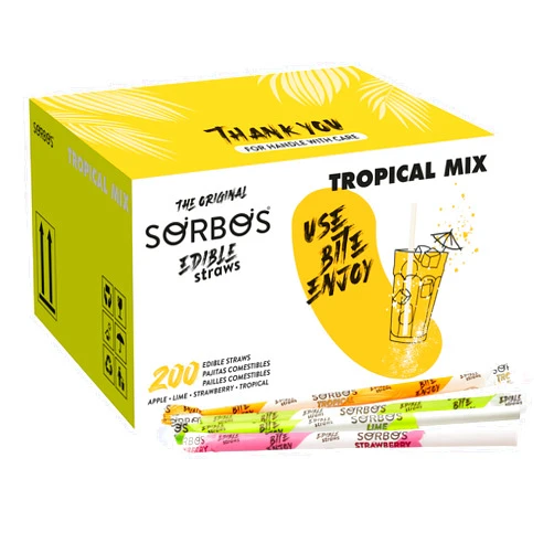 SORBOS Edible Straws, Tropical Mix Flavor Variety, Tropical, Strawberry, Lime, Apple, Individually Wrapped, No Allergens, No Gluten, 7.4 inches long (Pack of 200)