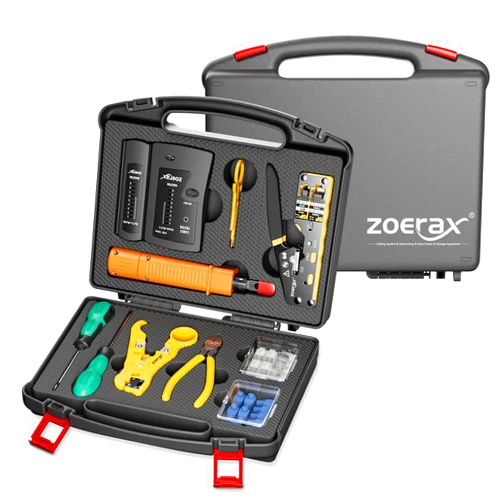 ZOERAX Network Tool Kit, ZOERAX 11 in 1 Professional RJ45 Crimp Tool Kit - Pass Through Crimper, RJ45 Tester, 110/88 Punch Down Tool, Stripper, Cutter, Cat6 Pass Through Connectors and Boots