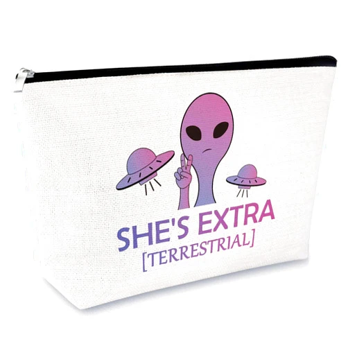 Sfodiary Funny Alien Makeup Bag Alien Gifts for Women Friends Cosmetic Bag Spaceship UFO Themed Presents for Friends Sister Inspired Birthday Christmas Keepsake for UFO ET Fans Zipper Travel Pouch