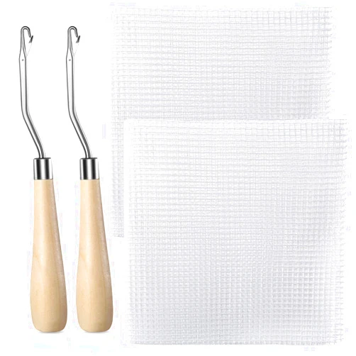 WILLBOND 2 Pieces Blank Rug Hooking Mesh Latch Hook Canvas Mesh Rug Canvas Kit with 2 Pieces Wooden Bent Latch Hook Tool for DIY Latch Hook Rug Tapestry Canvas DIY (59 x 39 Inches)