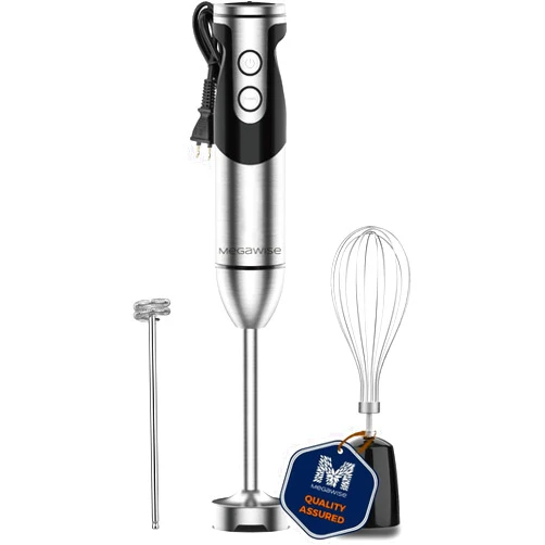 MegaWise Pro Titanium Reinforced 3-in-1 Immersion Hand Blender, Powerful Copper Motor with 80% Sharper Blades, 12-Speed Corded Blender, Including Dish Washer Safe Whisk and Milk Frother