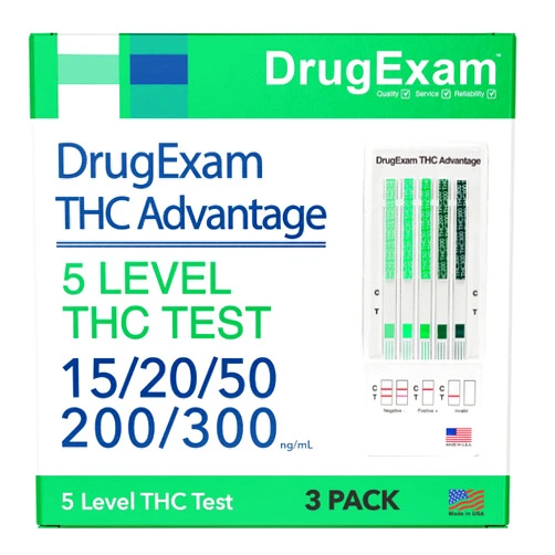 DrugExam 3 Pack - DrugExam THC Advantage Made in USA Multi Level Marijuana Urine Test Kit. Highly Sensitive THC 5 Level Drug Test Kit. Detects at 15 ng/mL, 20 ng/mL, 50 ng/mL, 200 ng/mL and 300 ng/mL (3)