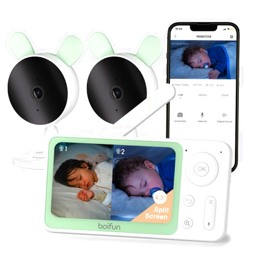 BOIFUN Split Screen Video Baby Monitor WiFi, 2 Cameras, Smartphone APP Control & LCD Monitor, AI Motion & Sound Detection, 4.3'' 4X Zoom, 1080P Smart (Monitor para Bebe), Area Alarm, Video Recording