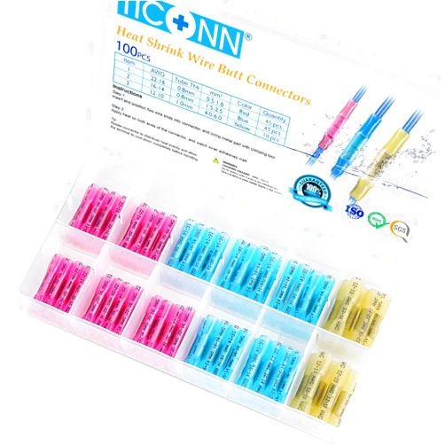 TICONN 100PCS Heat Shrink Butt Wire Connector Kit, Insulated Waterproof Electrical Wire Crimp Terminals Butt Splice for Marine Automotive (100PCS)