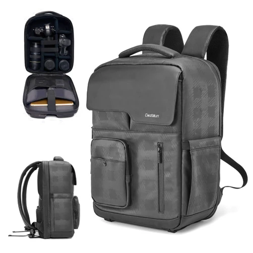 Cwatcun Waterproof Camera Backpack PU Leather Camera Bag with Tripod Holder, 14