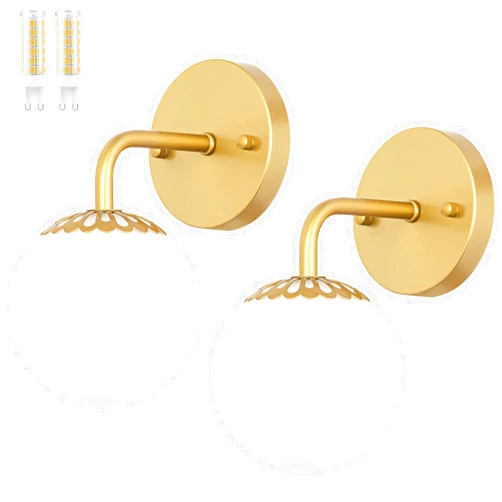 Yolsunes Modern Gold Wall Sconces Set of Two, Mid Century Wall Mounted Lamp, Brass Sconce with White Globe Glass, LED Wall Light Fixtures Indoor for Bedroom Bathroom Vanity, G9 Bulbs Included - 8W 3000K