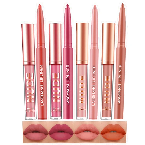 LANGMANNI 4pcs Matte Lipstick with Lipliners Durable Makeup Set,Long-Lasting Non-Stick Cup Not Fade Waterproof Pigmented Velvet Lipgloss Kit Beauty Cosmetics Makeup Gift for Girls(#1+2+8+11)