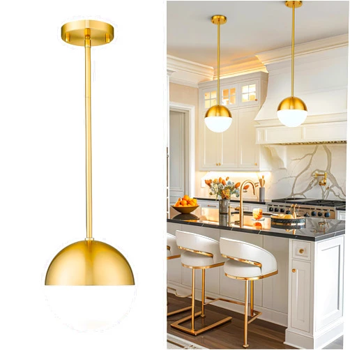 LMS Modern Pendant Lighting Gold Globe Pendant Light Fixture, Mid Century Chandelier One Light Hanging Fixture for Kitchen Island, Adjustable Indoor Lighting for Dinning Room Bedroom, LMS-187