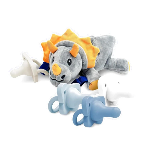 Dr. Brown's Dr. Brown’s HappyPaci 100% Silicone Baby Pacifier 0-6m, BPA Free 4-Pack with Lovey Soft Plush Animal Teether Holder, Triceratops