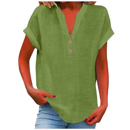 TYISZIL Summer Linen Shirts for Women Dressy Casual Vneck Top Cap Sleeve Lightweight Cute Petite Shirt Resort Wear
