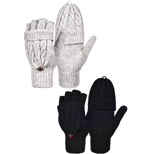 Bememo 2 Pairs Convertible Mittens for Women, Women's Fingerless Gloves with Mitten Cover Winter Knitted Convertible Gloves with Buttoned Thumb Cover