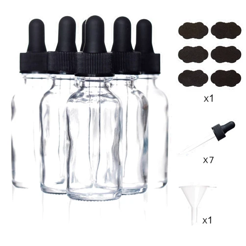 Auropack 30ml (1oz) Clear Boston Round Bottle with Glass Eye Dropper, Pack of 6